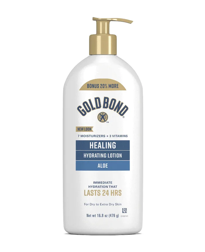 Gold Bond Healing Skin Therapy Lotion with Aloe 14 oz pump bottle with green and gold branding