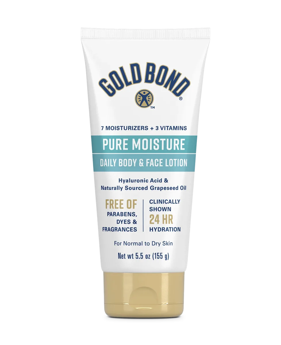 Gold Bond Pure Moisture Ultra-Light Daily Body & Face Lotion 5.5 oz tube with clean white and blue branding