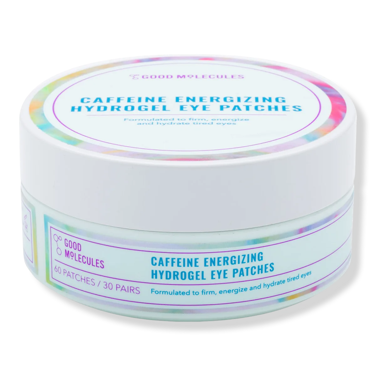 Good Molecules Caffeine Energizing Hydrogel Eye Patches jar with golden hydrogel patches visible inside