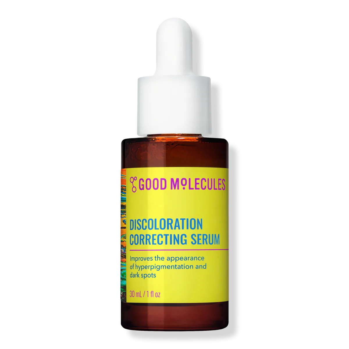 Good Molecules Discoloration Correcting Serum in a frosted glass dropper bottle with clean white label