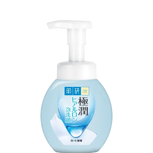 Hada Labo Gokujyun Foaming Face Wash in a white pump bottle with blue and red branding