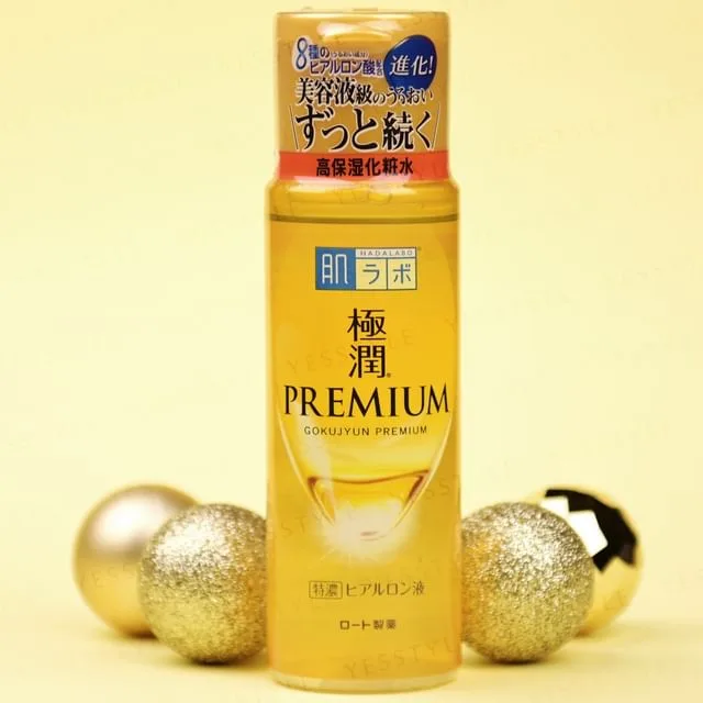 Hada Labo Gokujyun Premium Hyaluronic Acid Lotion in a gold bottle