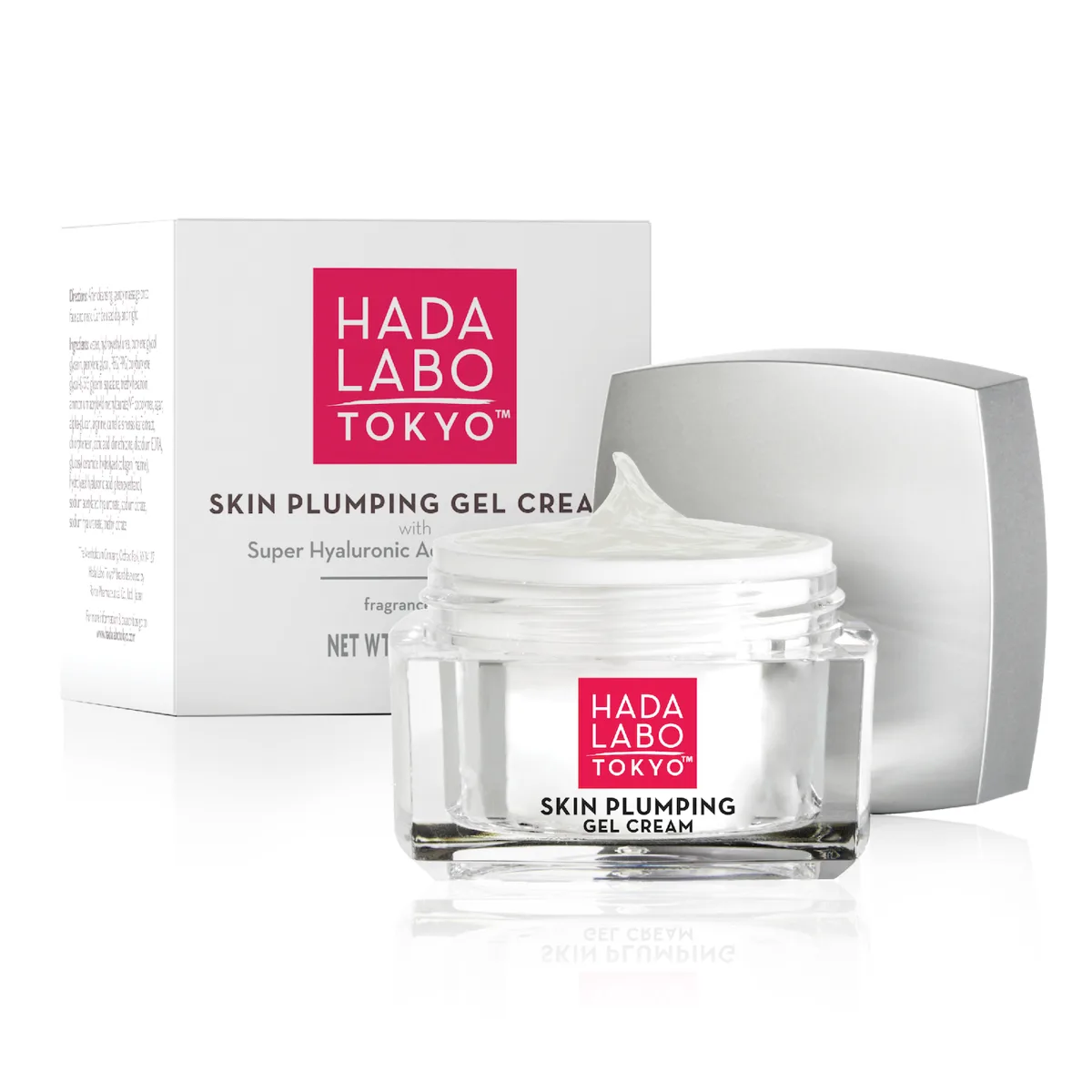 Hada Labo Skin Plumping Gel Cream jar with translucent gel-cream moisturizer featuring triple hyaluronic acid