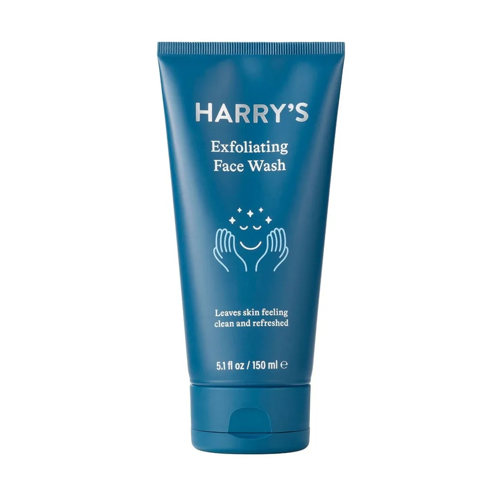 Harry's Face Wash tube with men's daily facial cleanser featuring peppermint