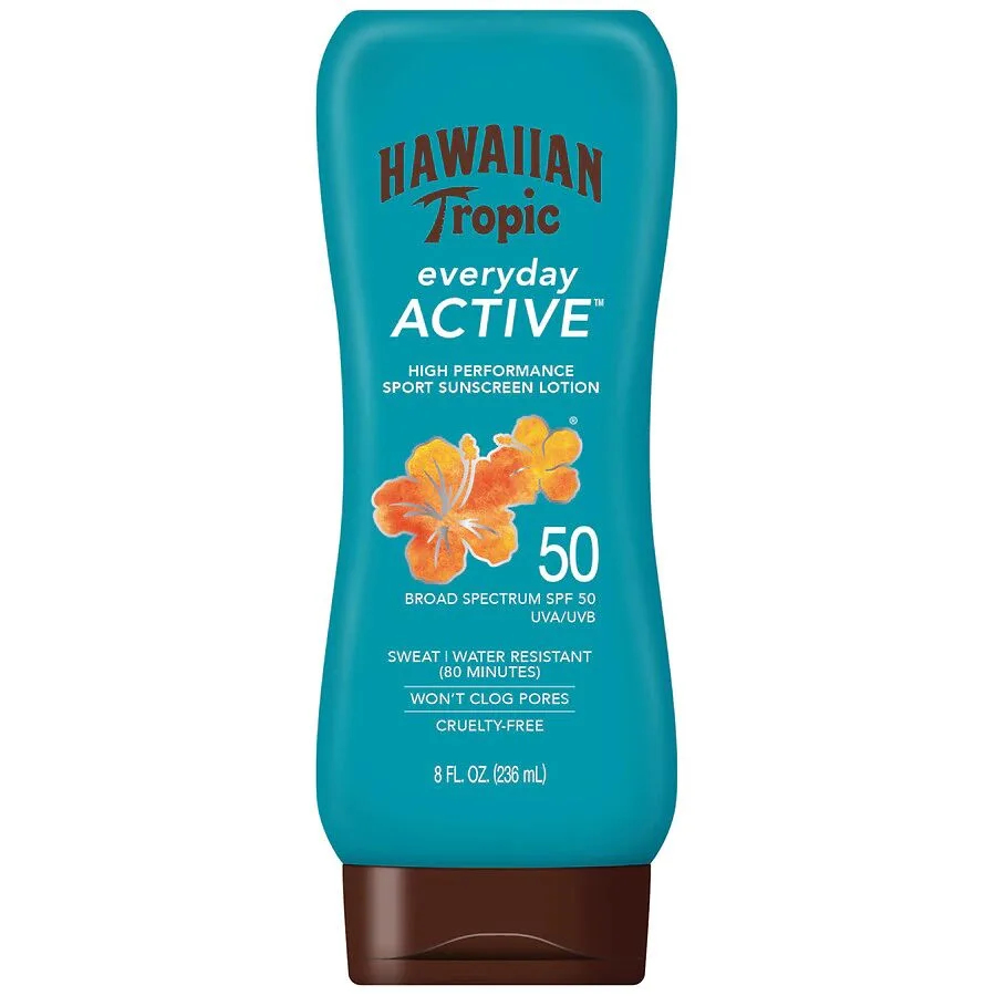 Hawaiian Tropic Island Sport Sunscreen Lotion SPF 50 bottle with broad-spectrum water-resistant sport formula