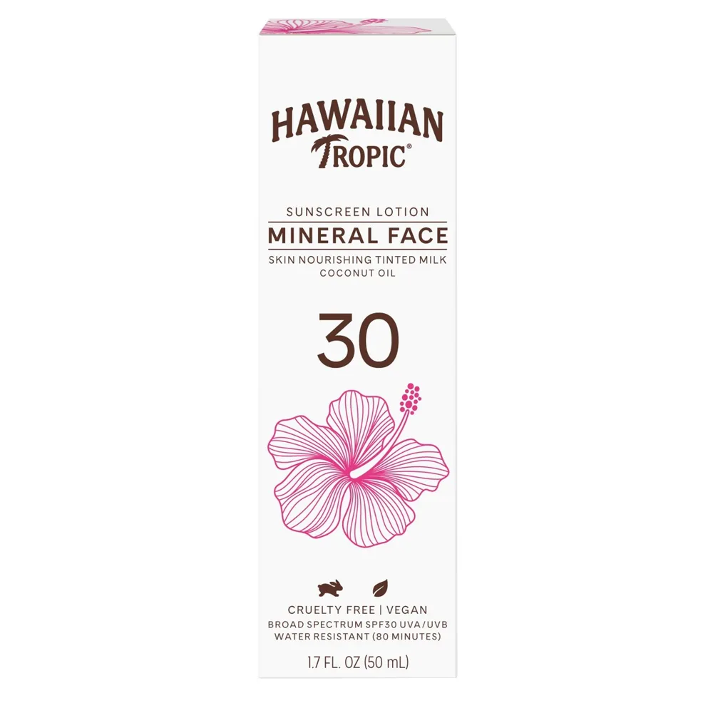 Hawaiian Tropic Mineral Skin Nourishing Milk SPF 30 tube with 100% mineral zinc oxide and titanium dioxide sunscreen