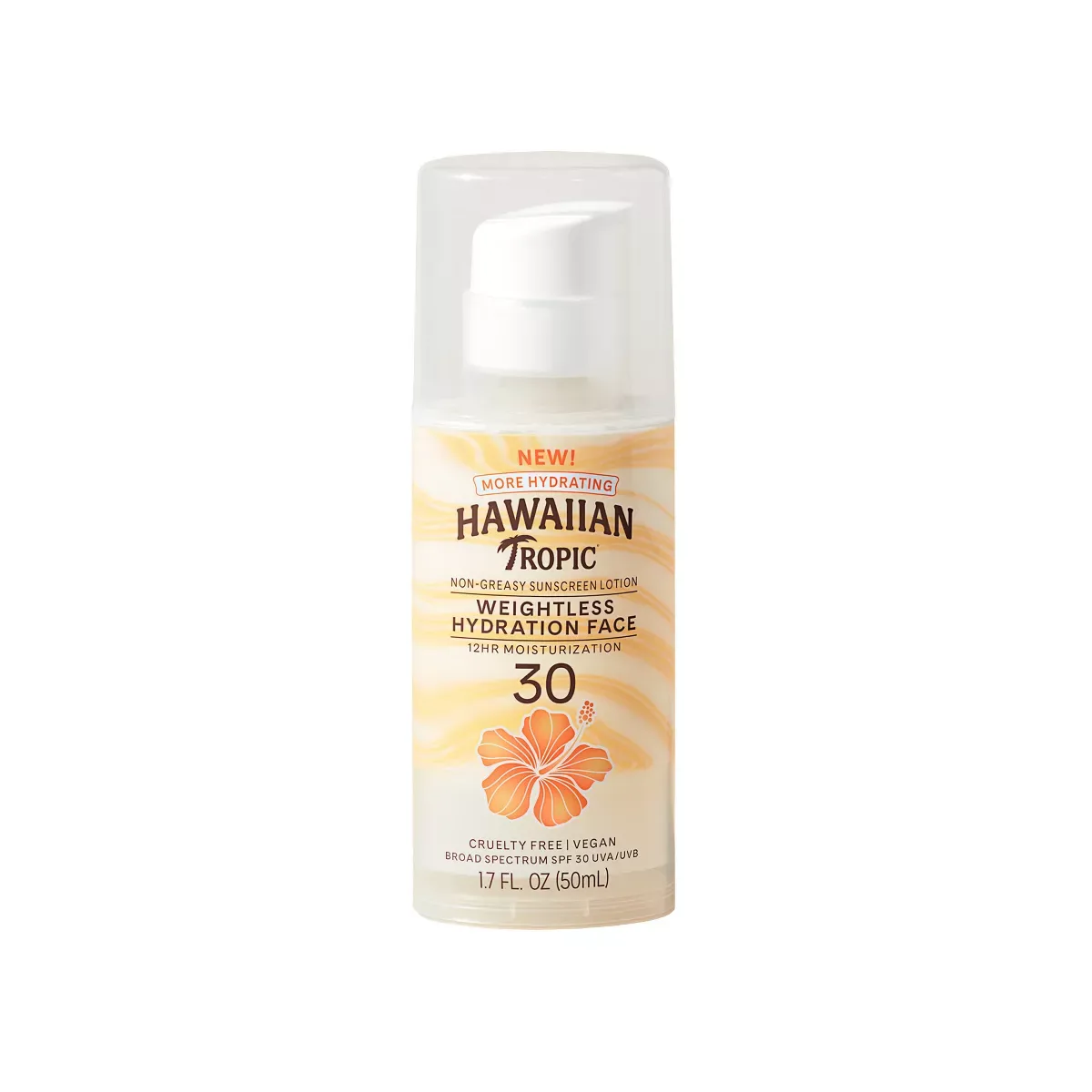 Hawaiian Tropic Silk Hydration Weightless Lotion Sunscreen SPF 30 in teal squeeze tube with tropical orange design