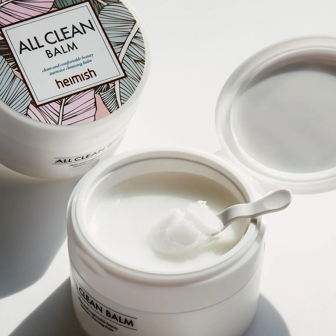 Heimish All Clean Balm in white jar with soft pink accents and included spatula