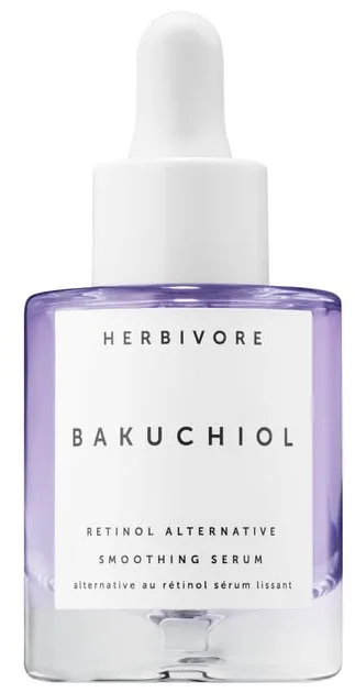 Herbivore Botanicals Bakuchiol Retinol Alternative Smoothing Serum in clear glass bottle with dropper