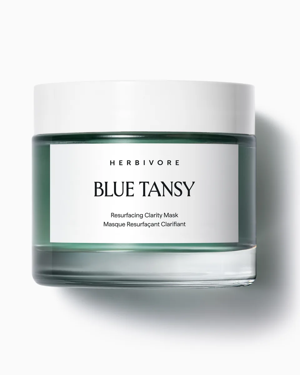 Herbivore Botanicals Blue Tansy Resurfacing Clarity Face Mask in clear glass jar showing deep blue gel