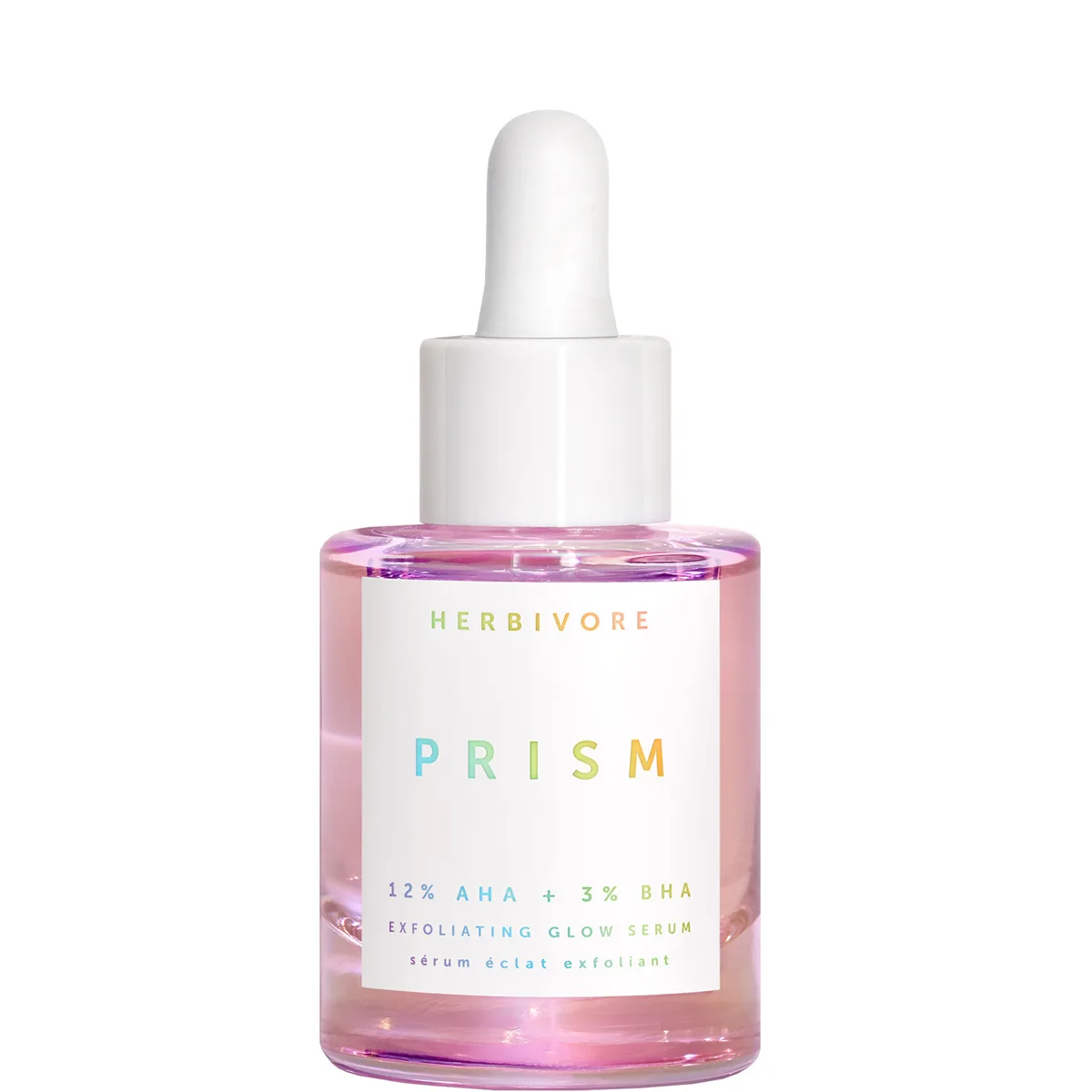 Herbivore Botanicals Prism AHA + BHA Exfoliating Glow Serum in a pink glass dropper bottle