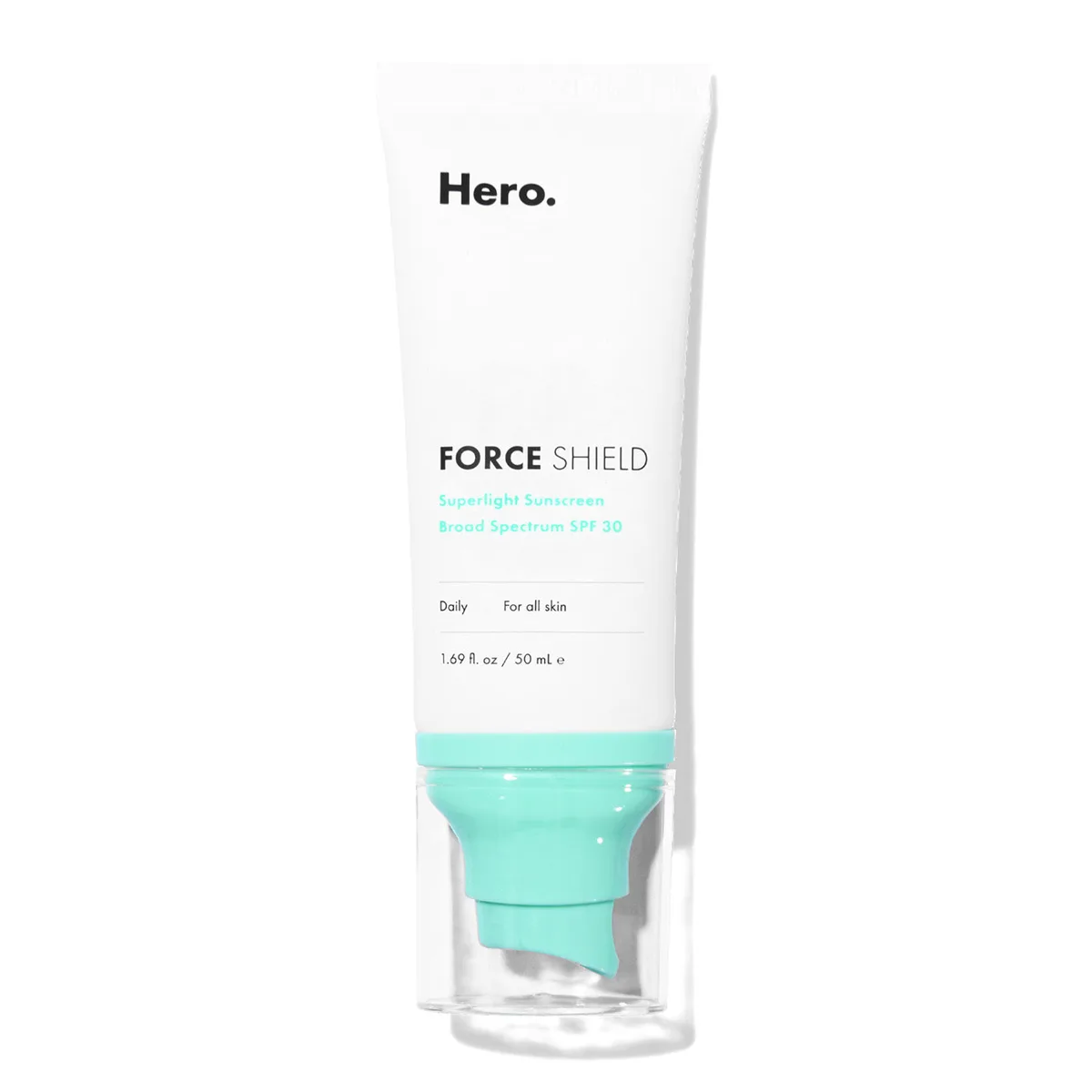 Hero Cosmetics Force Shield Superlight Sunscreen SPF 30 in a white squeeze tube with green and yellow accents