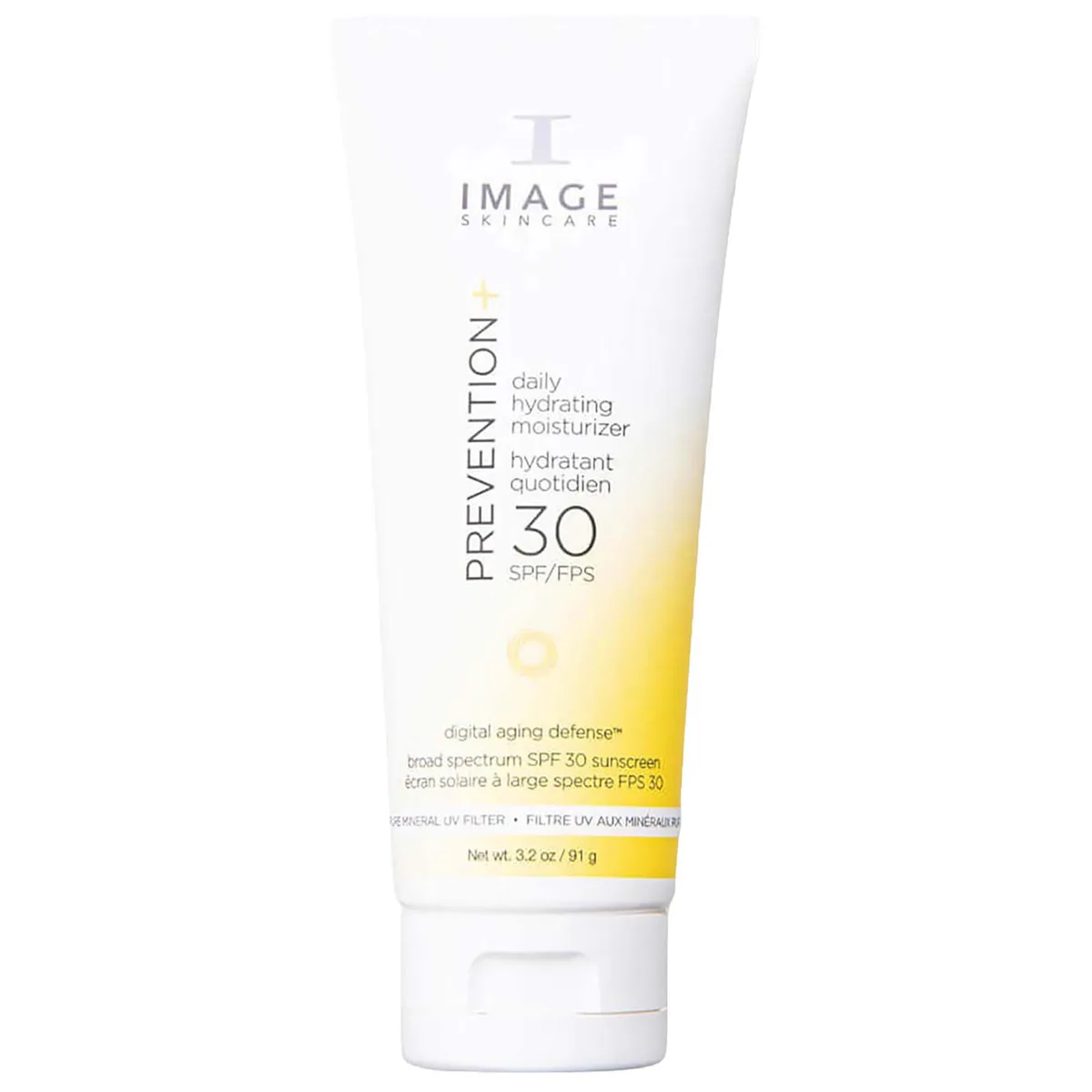 Image Skincare PREVENTION+ Daily Hydrating Moisturizer SPF 30 in a white tube with yellow Prevention branding