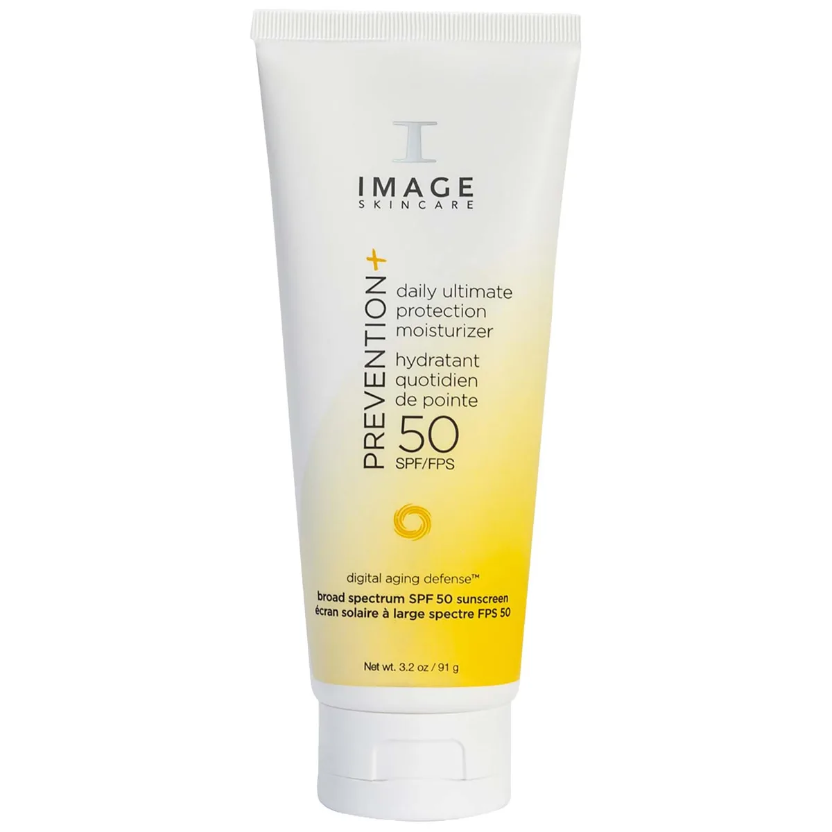 Image Skincare Prevention+ Daily Ultimate Protection Moisturizer SPF 50 in a white tube with yellow Prevention branding