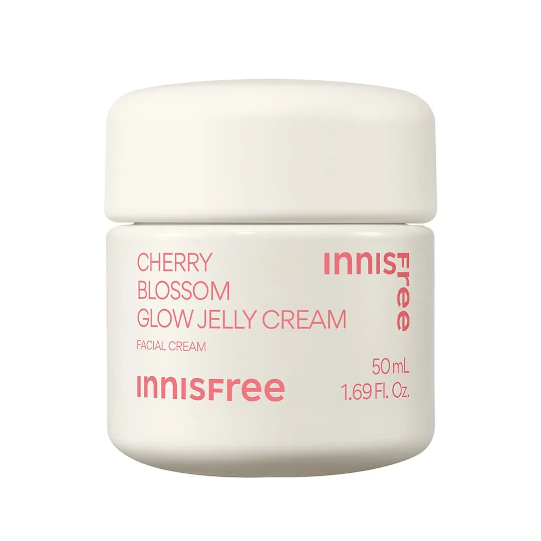 Innisfree Dewy Glow Moisturizer with Jeju Cherry Blossom in a translucent jar with pink lid