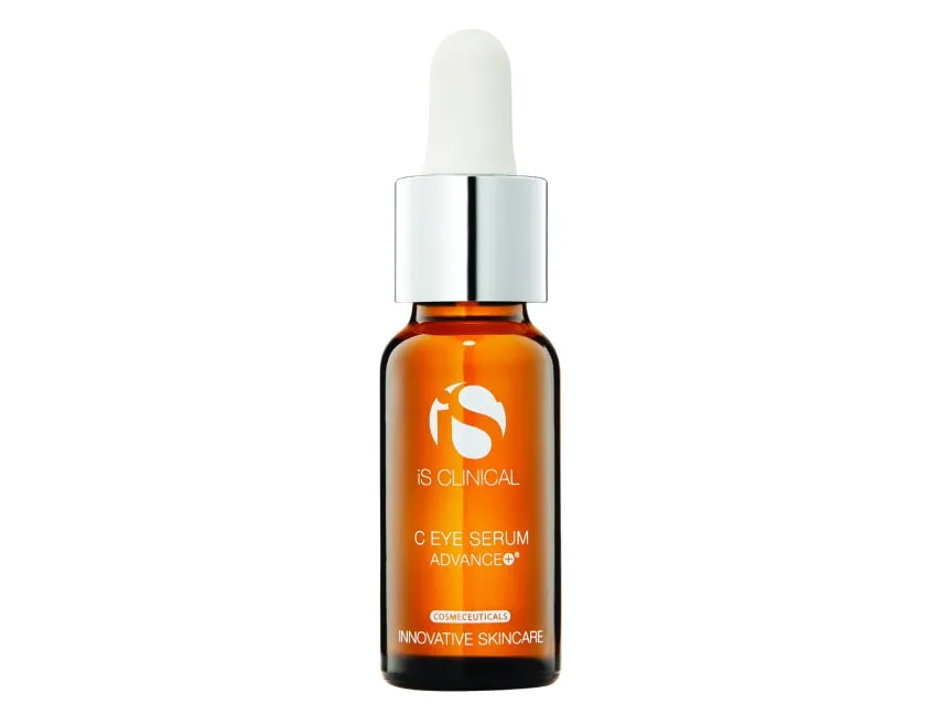 iS Clinical C Eye Serum Advance+ frosted glass bottle with dropper