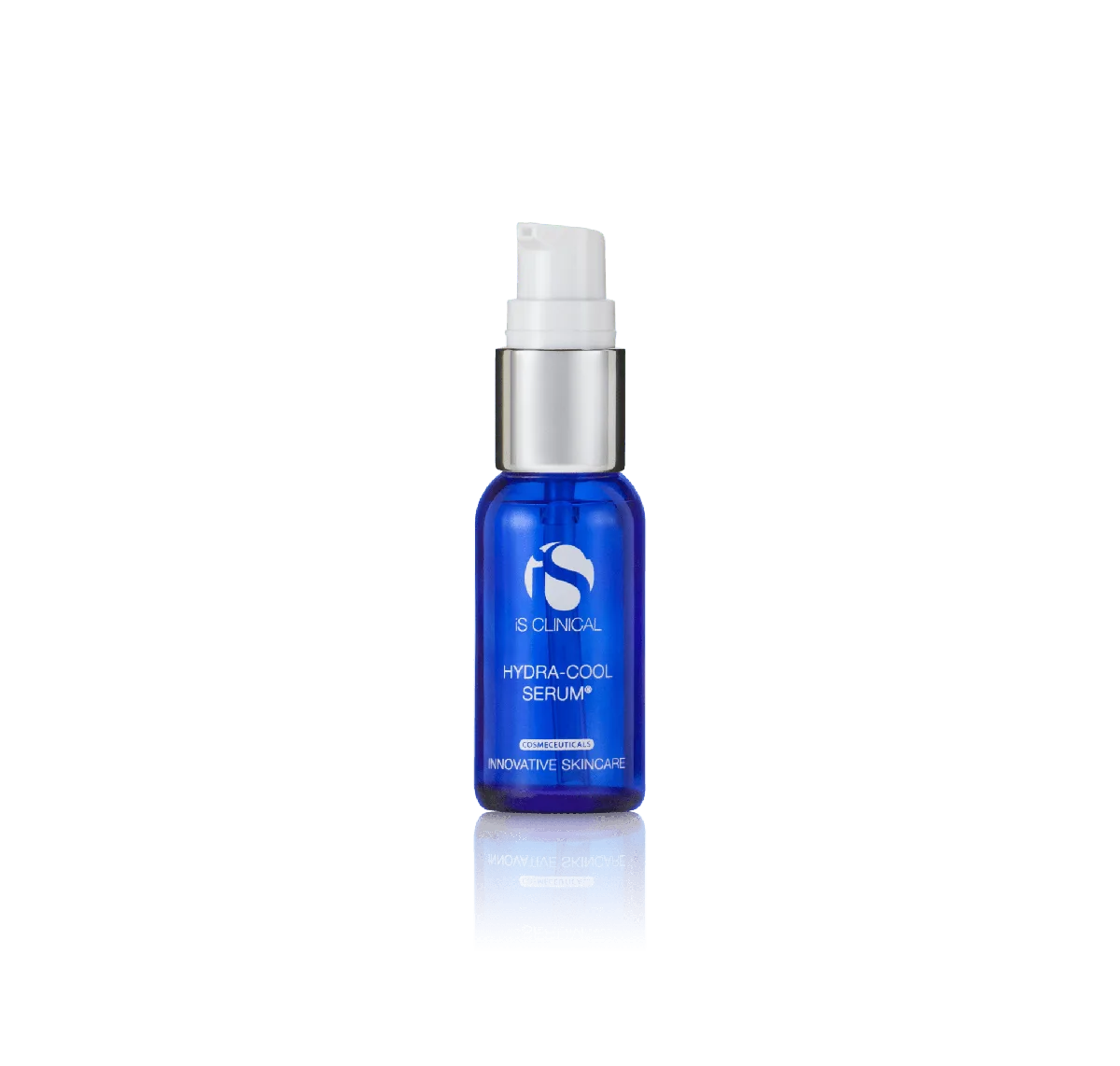 iS Clinical Hydra-Cool Serum in a frosted blue glass bottle with pump dispenser