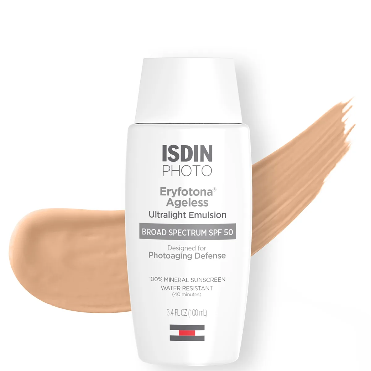 ISDIN Eryfotona Ageless Ultralight Tinted Mineral Sunscreen SPF 50 in a yellow-gold squeeze tube