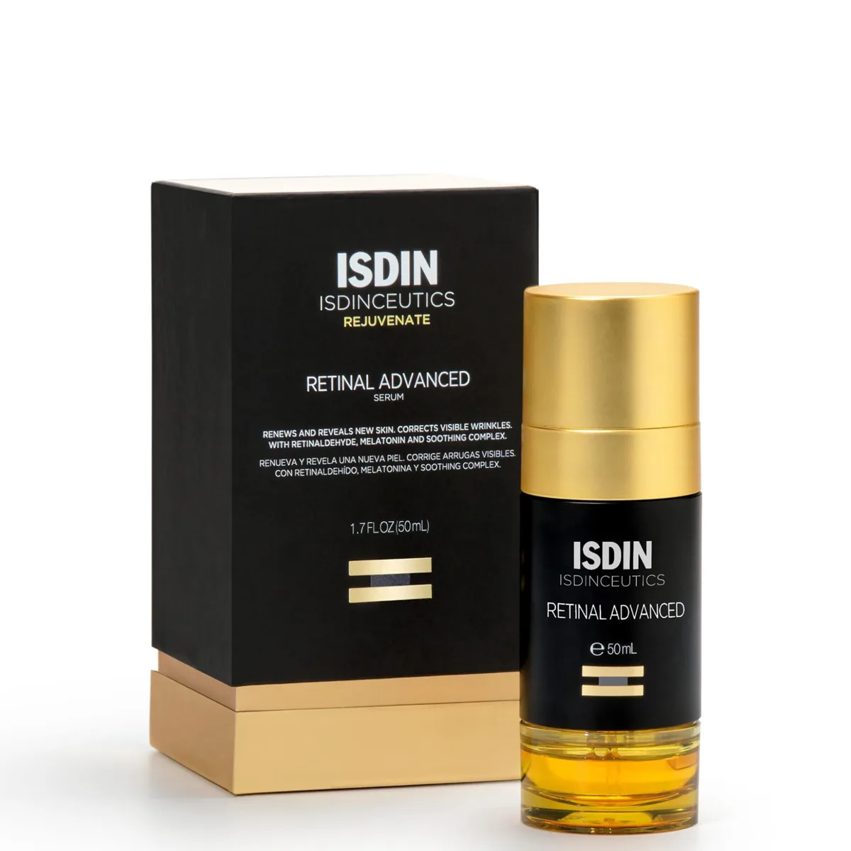ISDIN Isdinceutics Retinal Intense Serum in a glass bottle showing biphasic two-layer formula