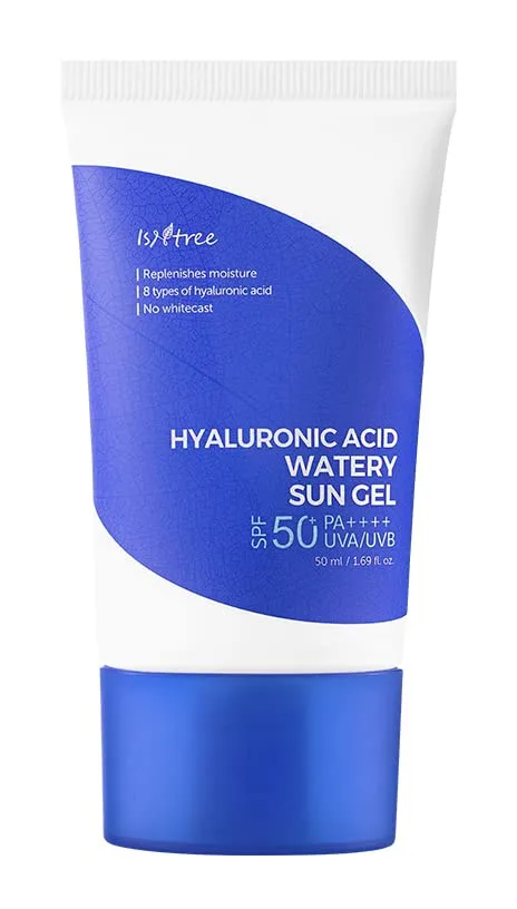 Isntree Hyaluronic Acid Watery Sun Gel SPF 50+ 50ml squeeze tube on white background