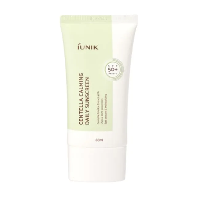 IUNIK Centella Calming Daily Sunscreen SPF 50+ in a white squeeze tube with green and black branding
