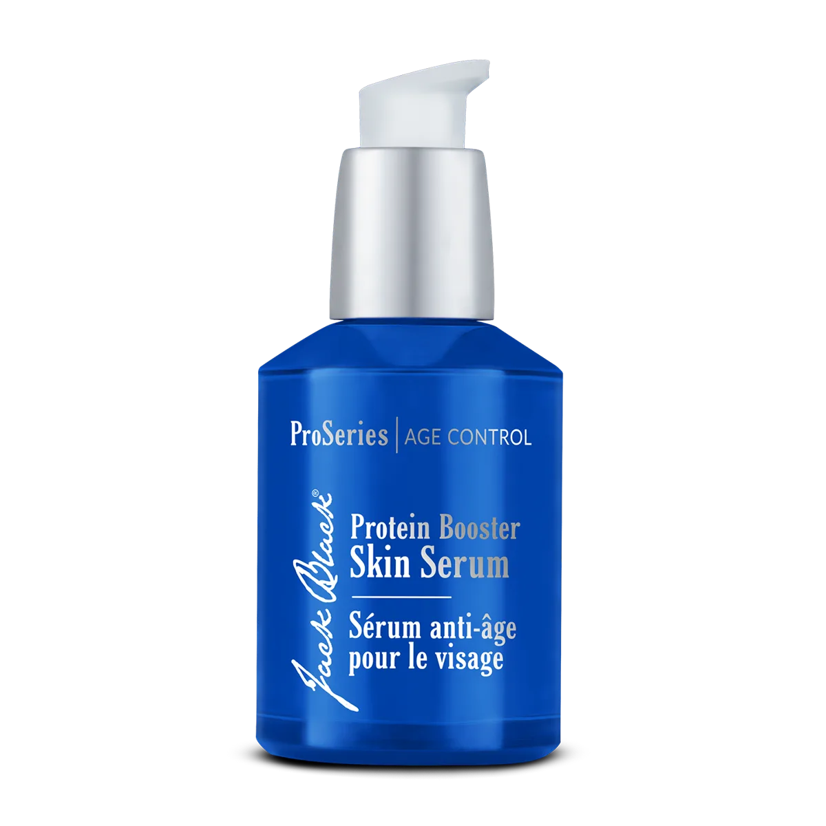 Jack Black Protein Booster Skin Serum in a dark glass bottle with pump dispenser
