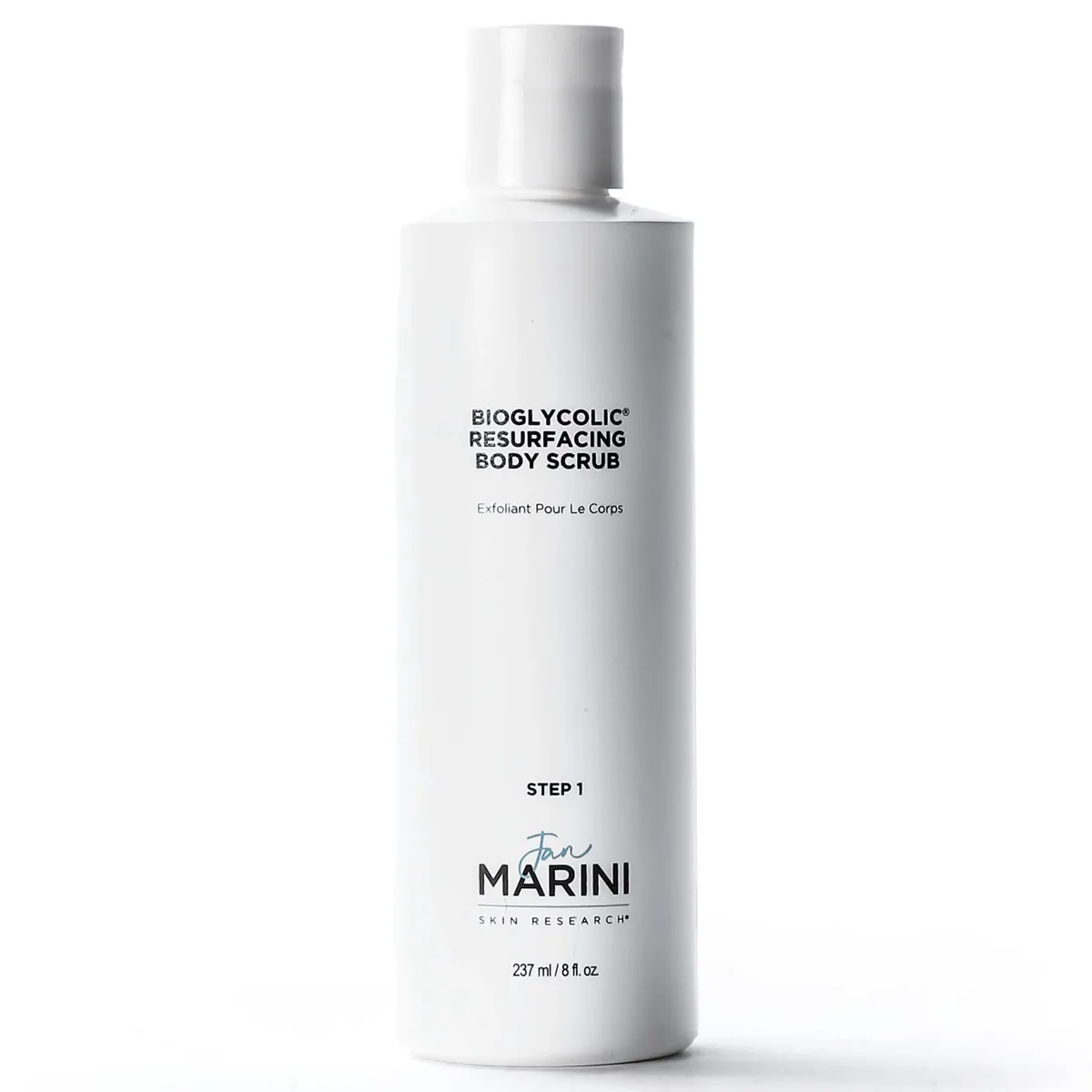 Jan Marini Bioglycolic Resurfacing Body Scrub in an 8 oz white bottle