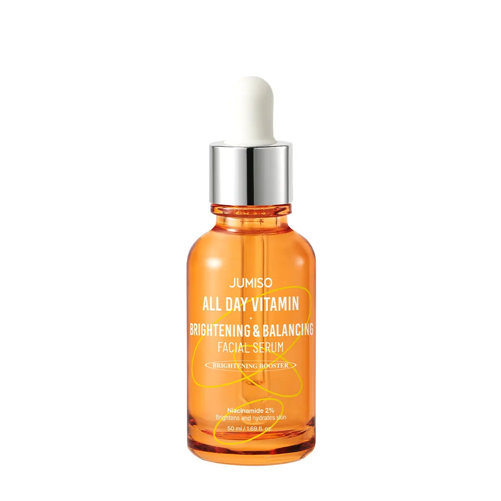 Jumiso All Day Vitamin Brightening & Balancing Facial Serum in a frosted glass dropper bottle