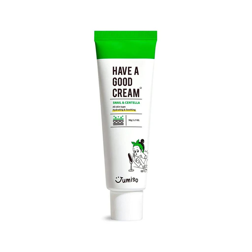 Jumiso Have a Good Cream Snail & Centella moisturizer in a white jar with branded label
