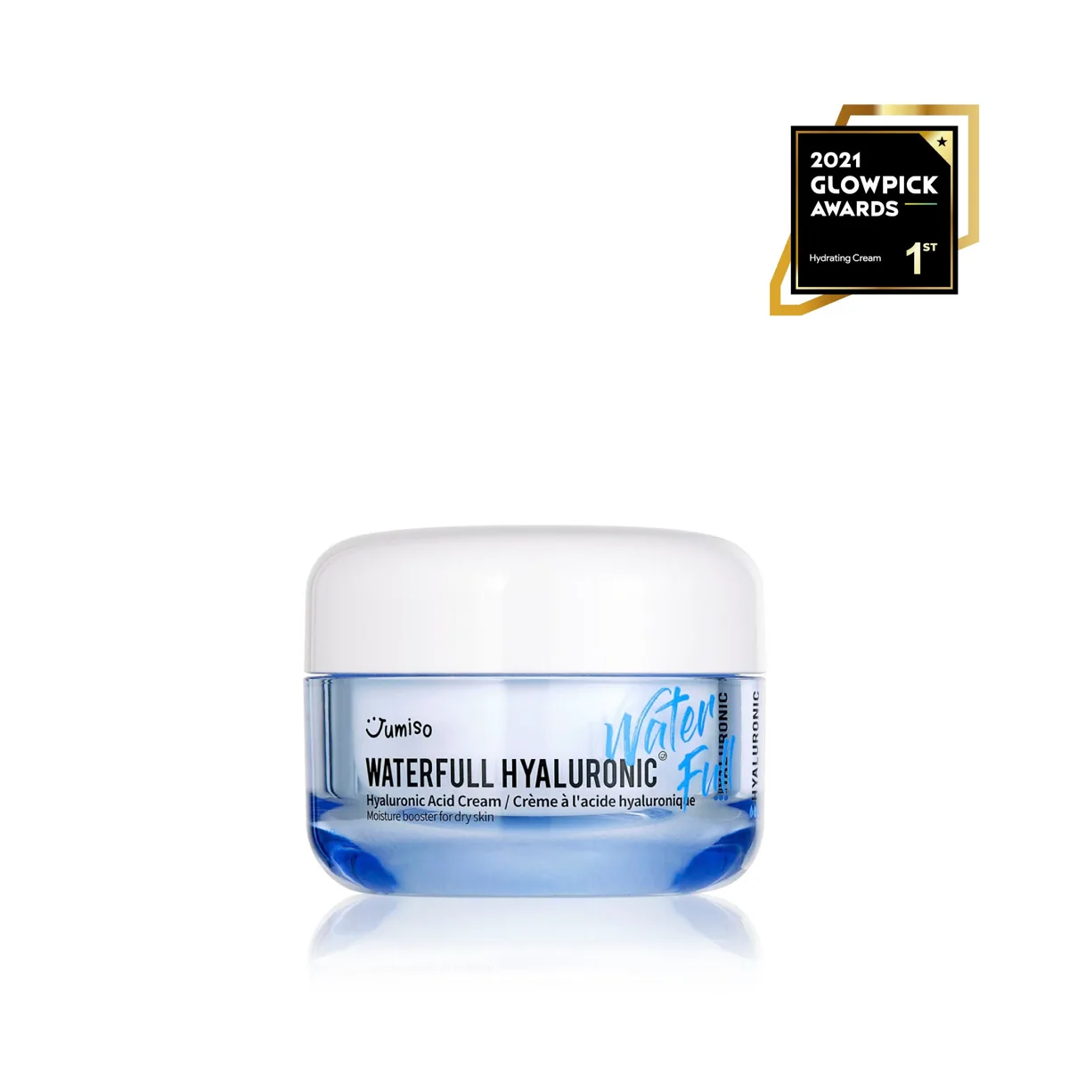 Jumiso Waterfull Hyaluronic Cream in a white jar showing the light blue gel-cream texture