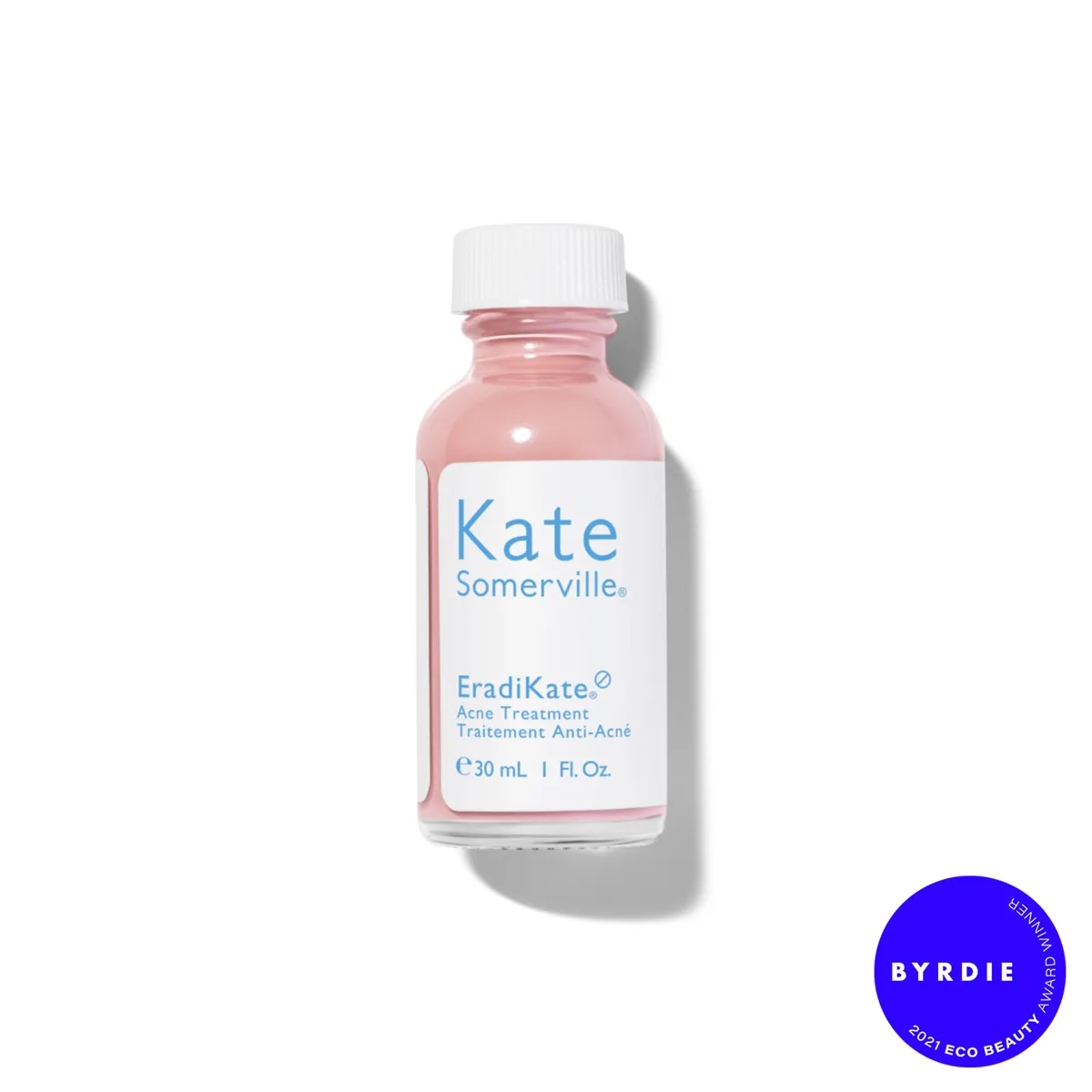 Kate Somerville EradiKate Acne Treatment glass bottle with pink sulfur sediment settled at the bottom