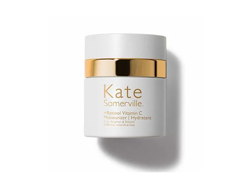 Kate Somerville +Retinol Vitamin C Moisturizer in a dark jar with gold accents