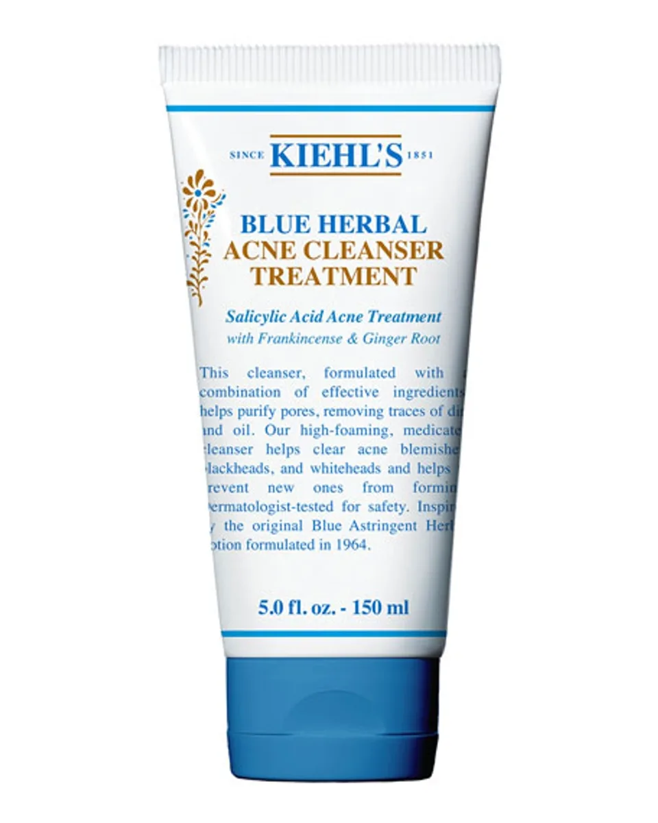 Kiehl's Blue Herbal Acne Cleanser Treatment in white squeeze tube with blue label