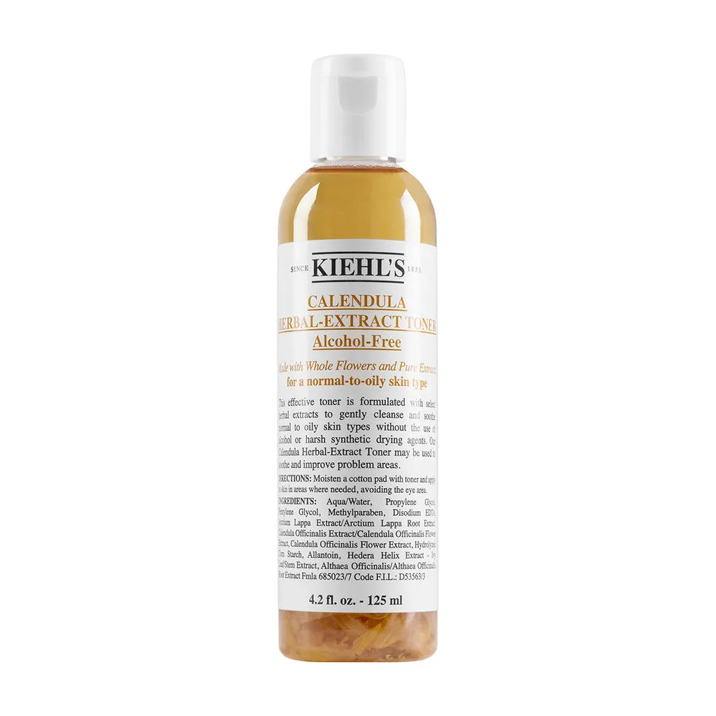 Kiehl's Calendula Herbal-Extract Alcohol-Free Toner bottle with visible calendula flower petals