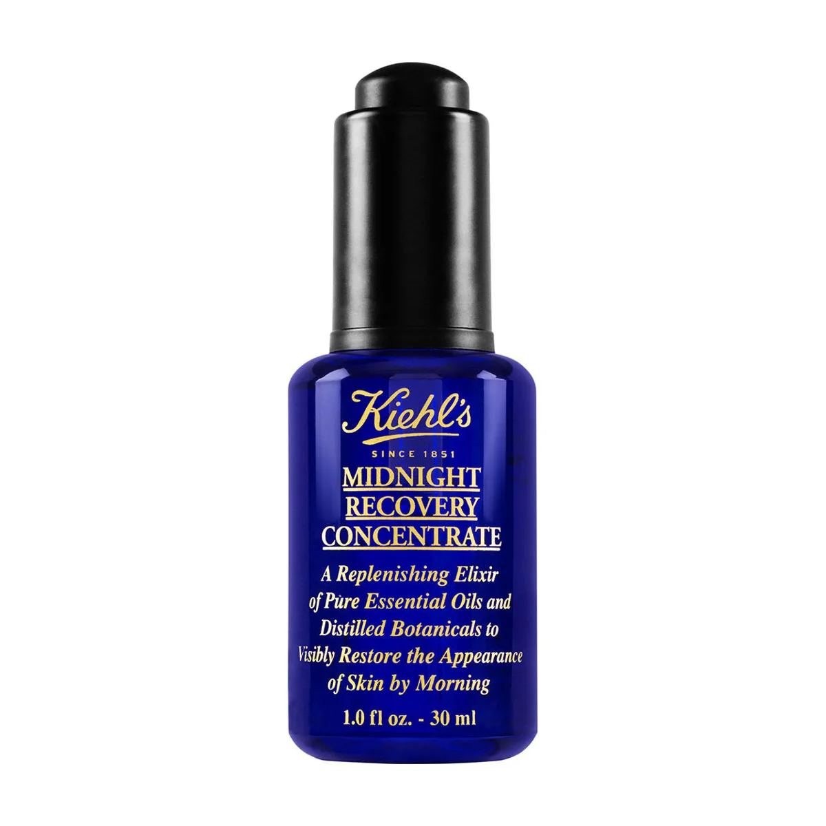 Kiehl's Midnight Recovery Concentrate in iconic cobalt blue glass dropper bottle