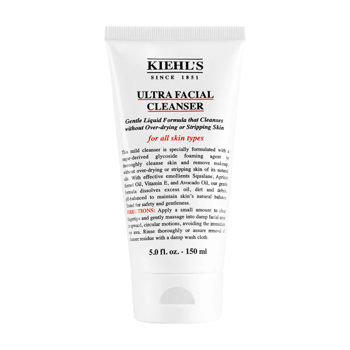 Kiehl's Ultra Facial Cleanser in a clear squeeze tube with signature Kiehl's apothecary-style label
