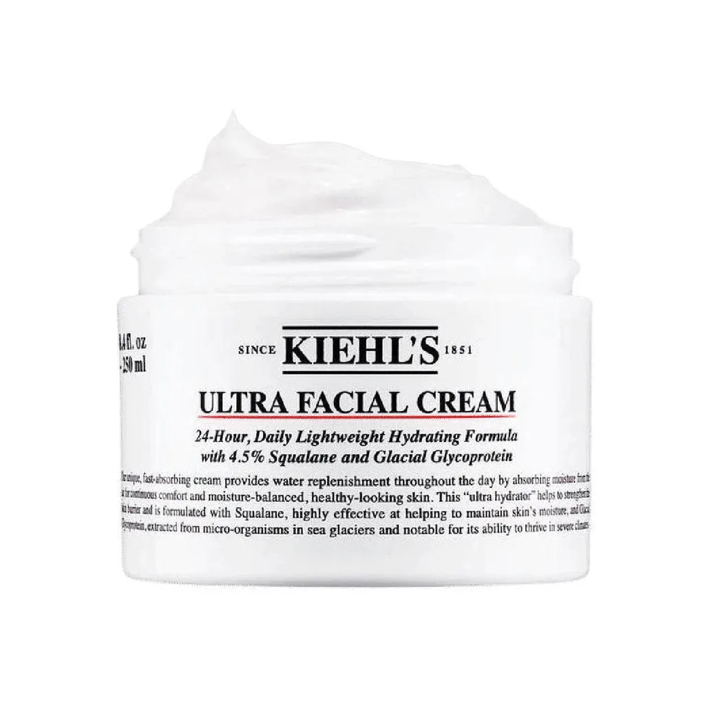 Kiehl's Ultra Facial Cream with Squalane in a white jar with the signature Kiehl's apothecary label