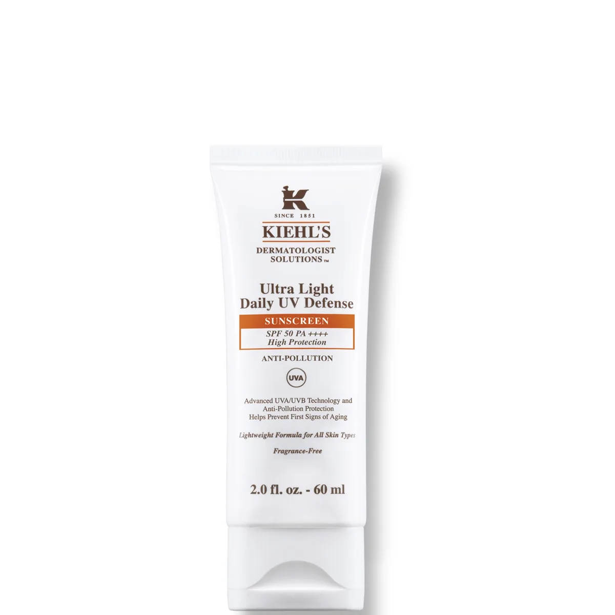 Kiehl's Ultra Light Daily UV Defense SPF 50 sunscreen in a white tube with the brand's signature apothecary-style label
