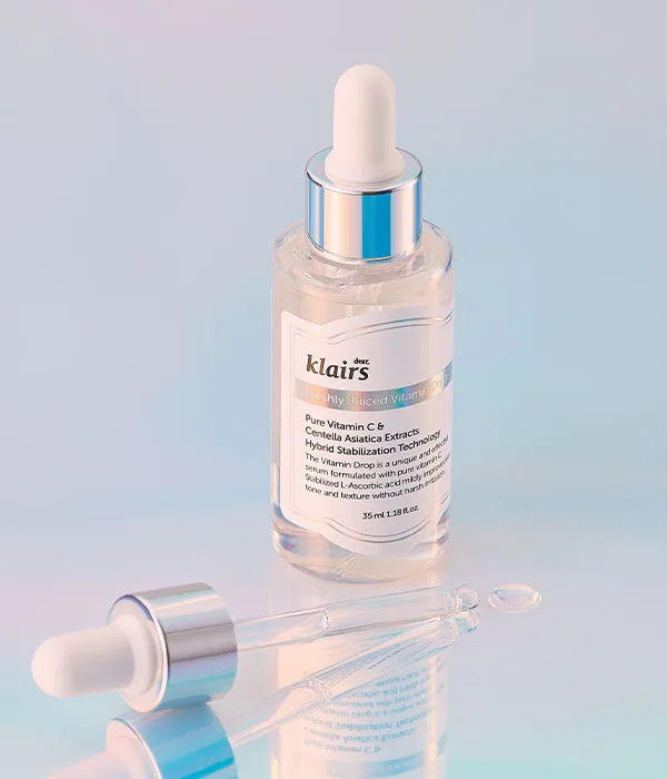 Klairs Freshly Juiced Vitamin C Drop serum in a dark amber glass dropper bottle