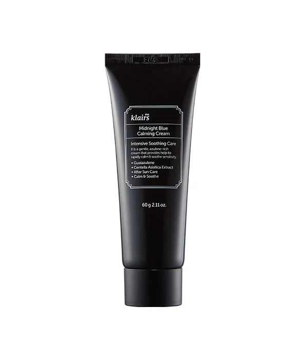 Klairs Midnight Blue Calming Cream showing the distinctive blue cream in packaging