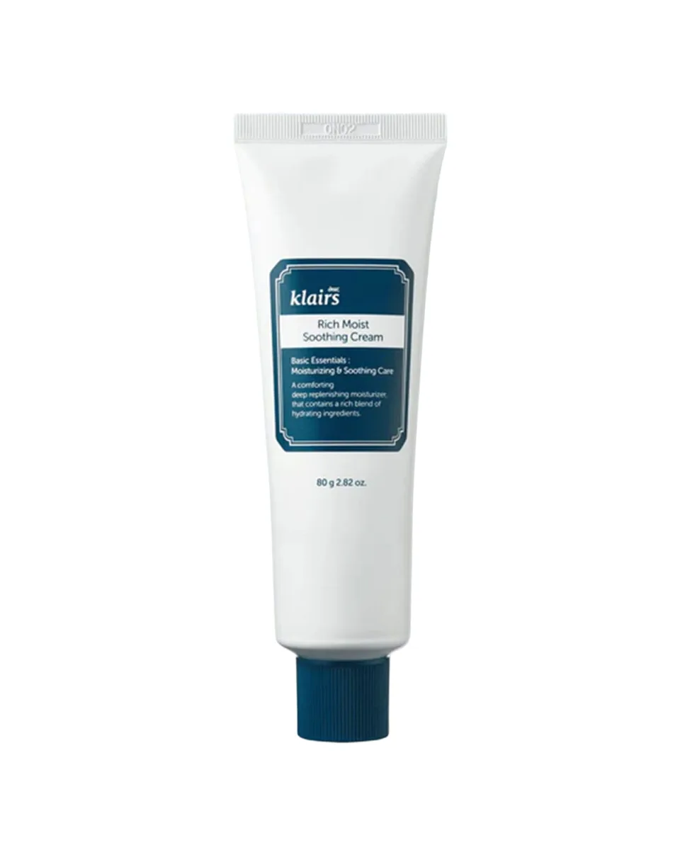 Klairs Rich Moist Soothing Cream in a white tube with brand labeling