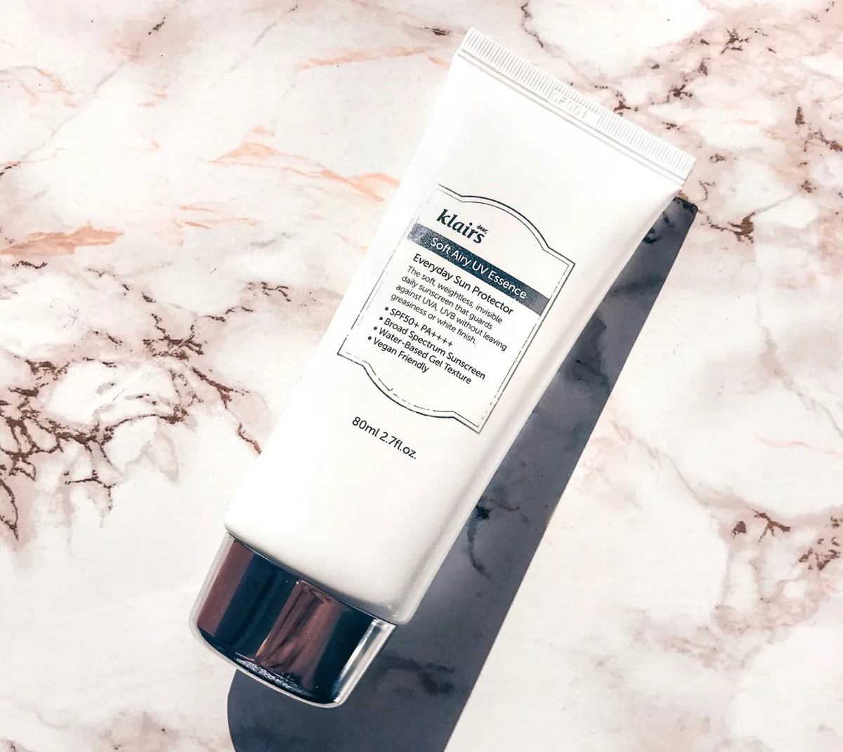 Klairs Soft Airy UV Essence SPF 50 in a white squeeze tube — product discontinued due to SPF accuracy concerns