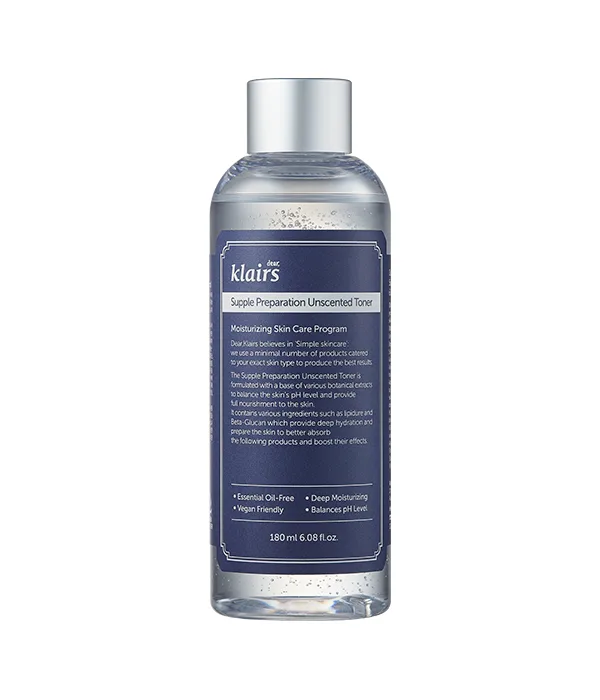Klairs Supple Preparation Unscented Toner in a tall translucent bottle with minimalist white and black label