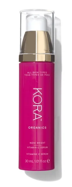 Kora Organics Noni Bright Vitamin C Serum in a frosted glass dropper bottle