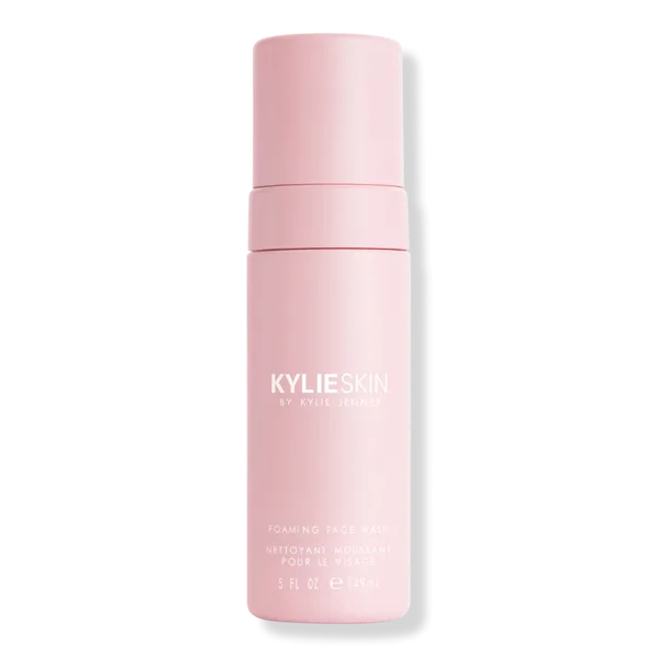Kylie Skin Foaming Face Wash pump bottle with minimalist white and pink Kylie branding