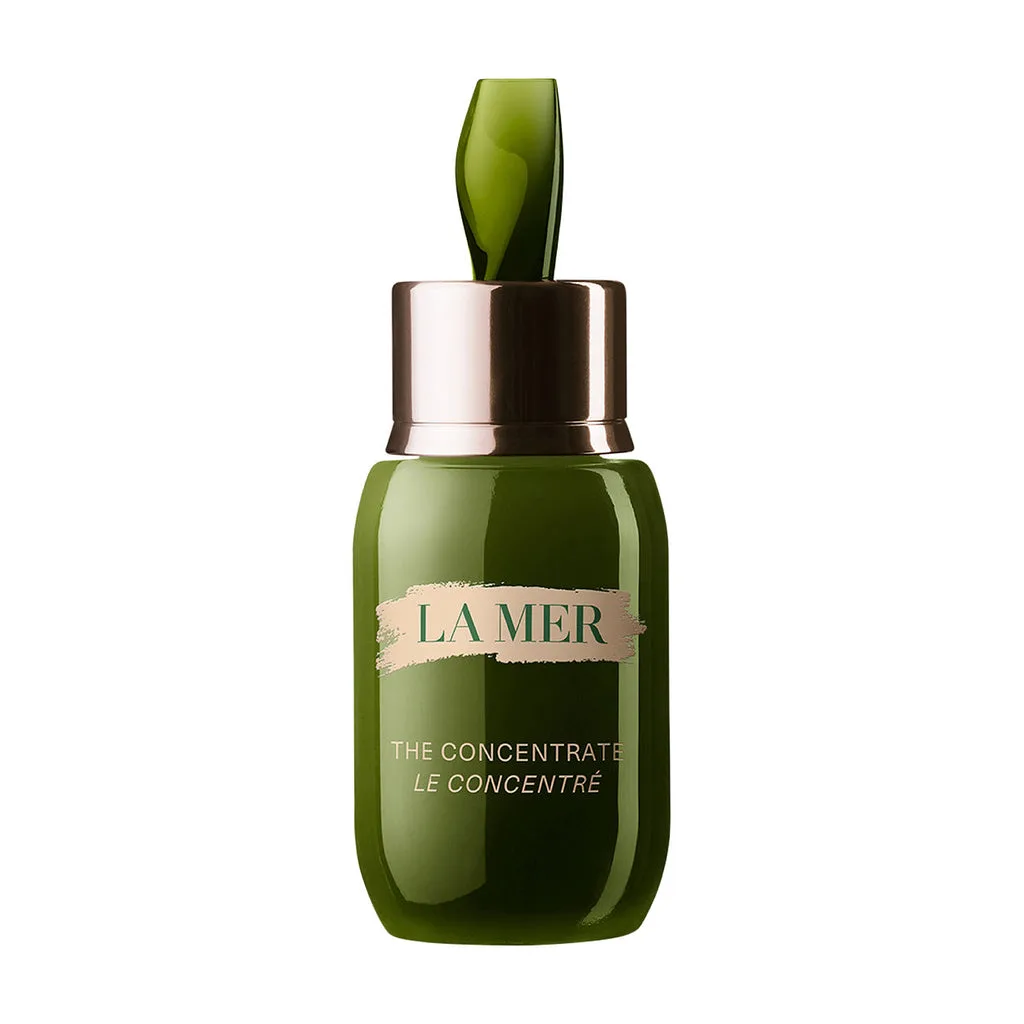 La Mer The Concentrate in a glass dropper bottle with silver and white branding