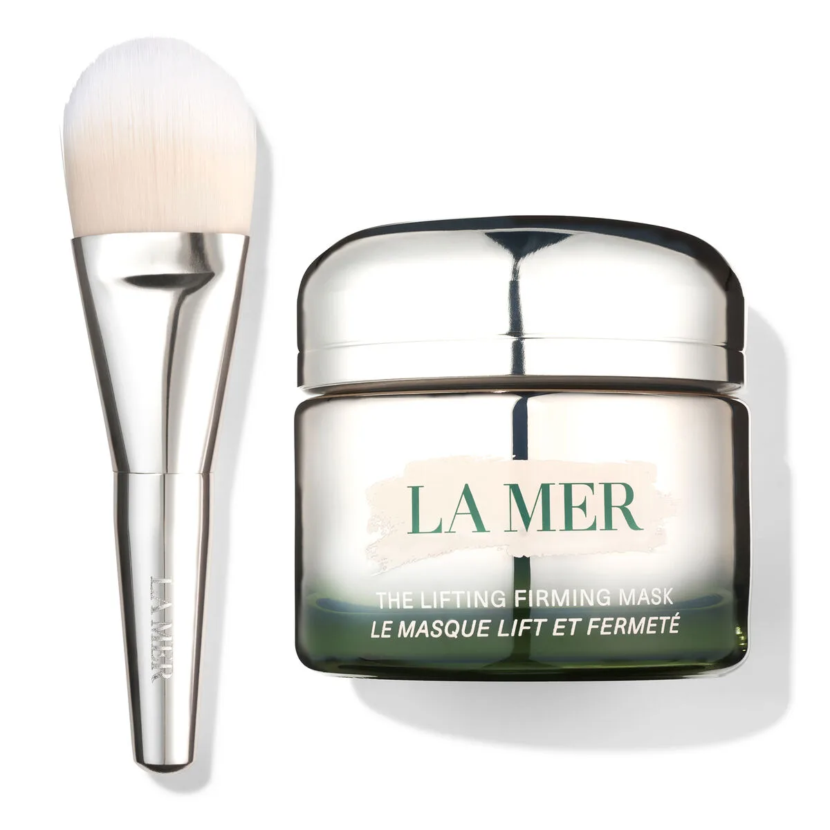 La Mer The Lifting & Firming Mask in a frosted glass jar with silver lid