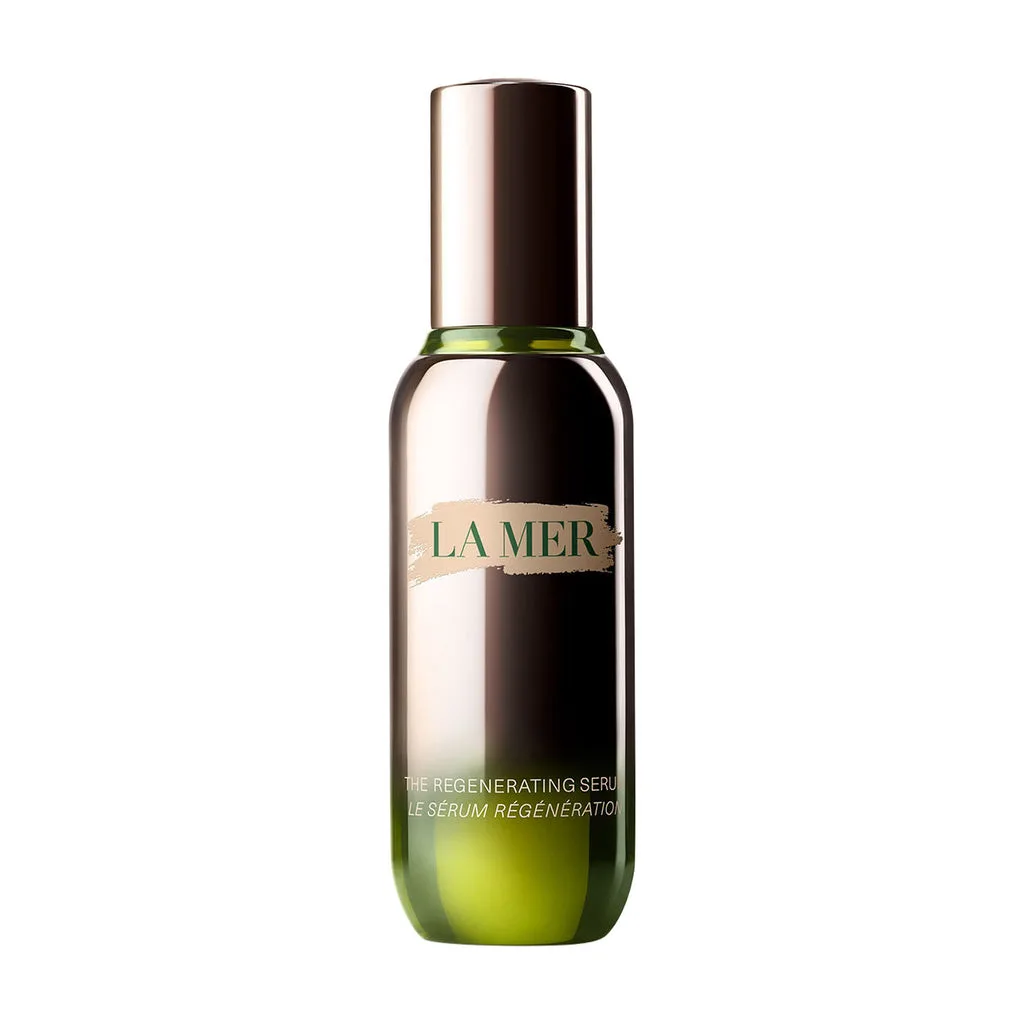 La Mer The Regenerating Serum in a glass pump bottle with silver and white branding