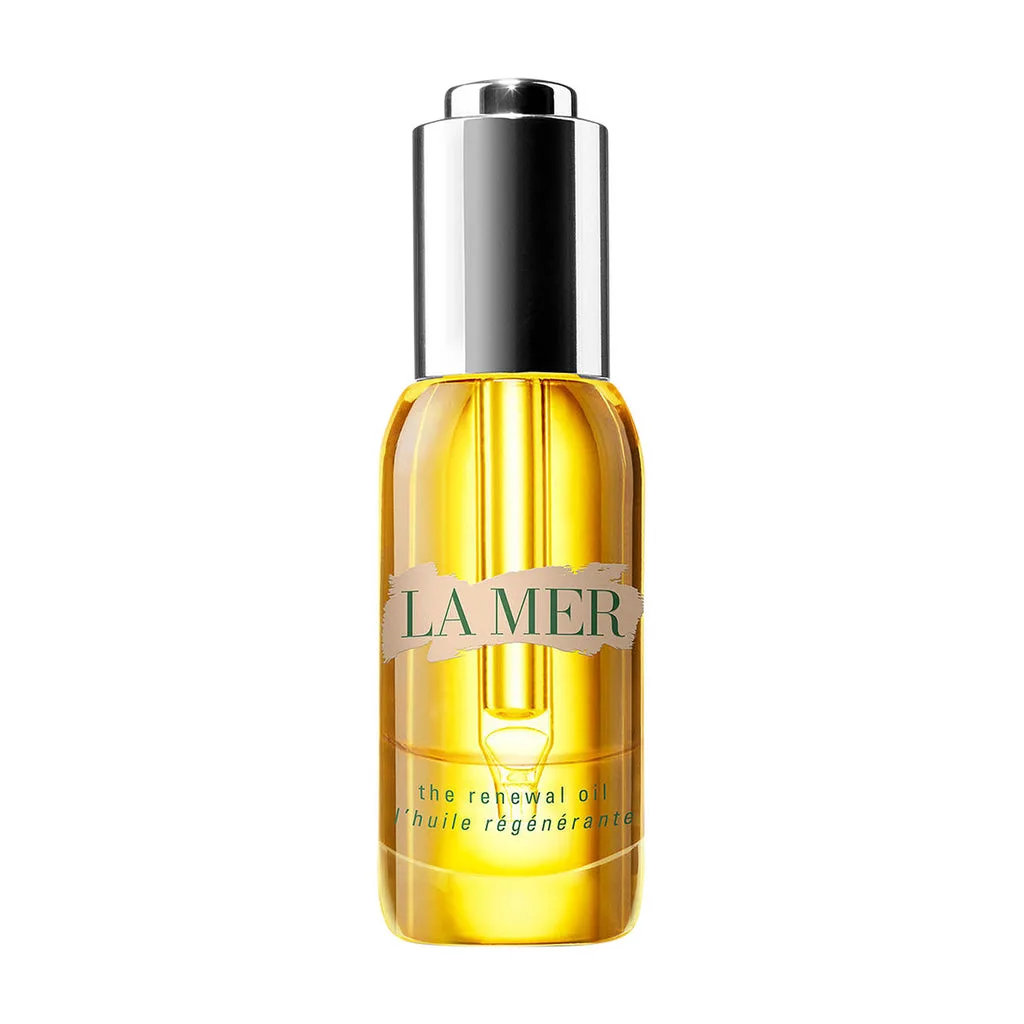 La Mer The Renewal Oil in a glass dropper bottle with golden-hued oil visible