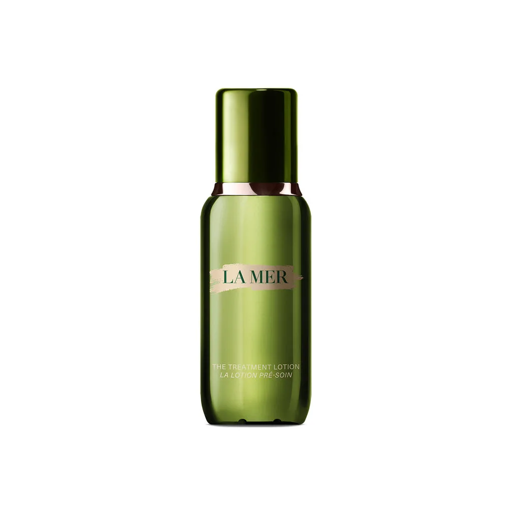 La Mer The Treatment Lotion in a deep green glass bottle with controlled-pour opening